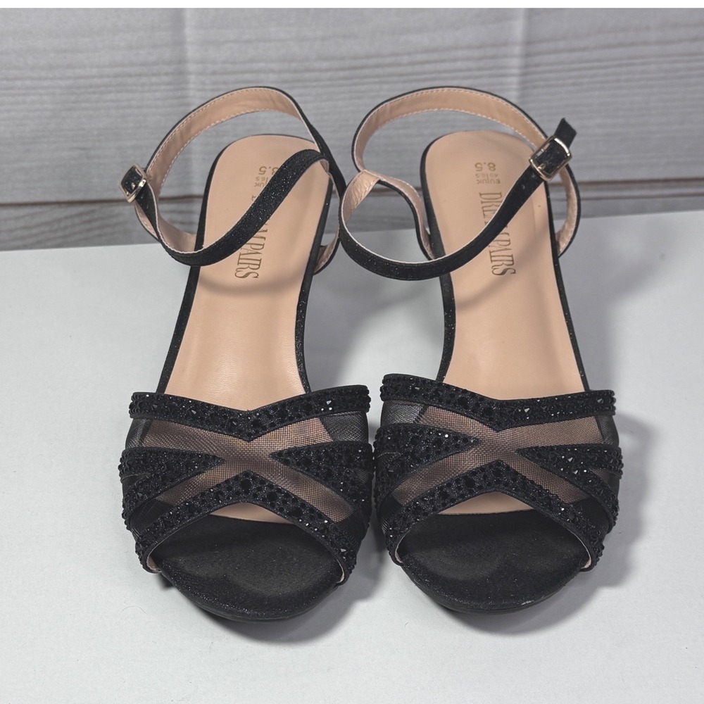 Dream Pairs Womens Black Glitter Rhinestone Mesh Kitten Heel Sandals 8.5